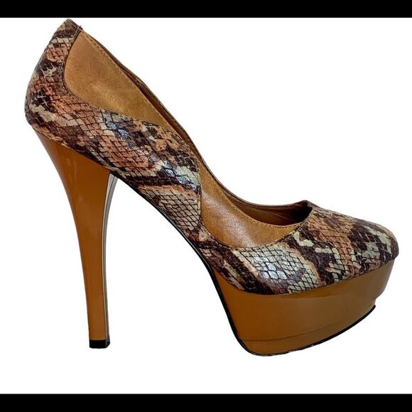 Michael Antonio camel Brown patent snake print high heel platform pumps Sz 8.5🔥 - Picture 1 of 11